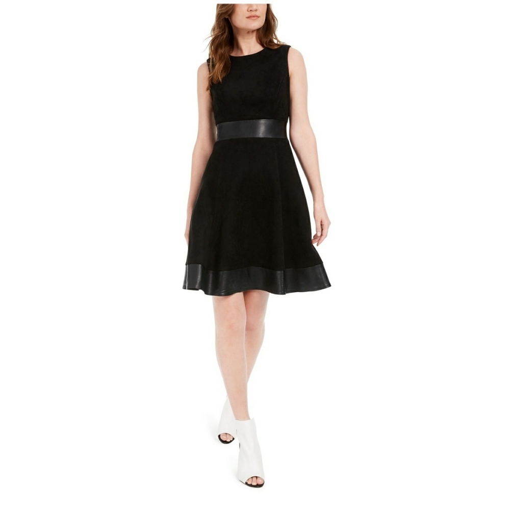 NEW Calvin Klein Faux-Suede Fit & Flare Black Dress